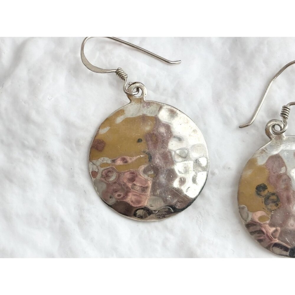 Thai made Round Minimalist Hammered Vintage Sterling Silver 925 Earrings - Picture 6 of 13